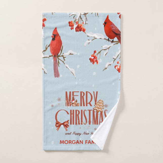 Red Cardinal Birds Trees Merry Christmas Blue Bath Towel Set (Hand Towel)