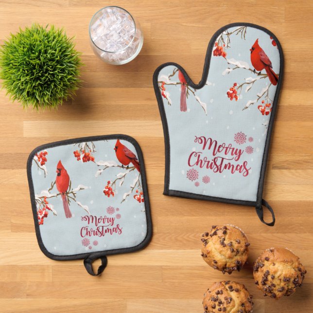 Red Cardinal Birds Trees Snow Christmas  Oven Mitt & Pot Holder Set (Top Down)