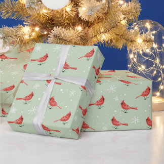 Red Cardinal Birds & White Snowflakes On Green Wrapping Paper