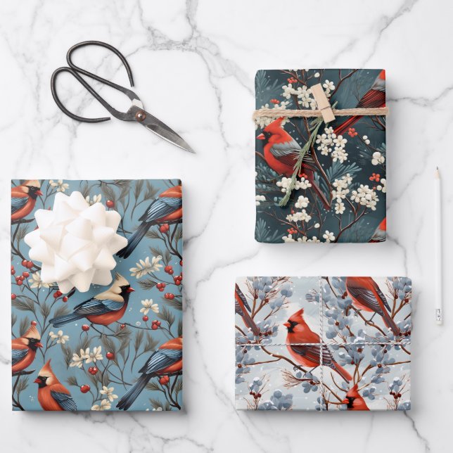 Red Cardinal Birds Winter Berry  Wrapping Paper Sheet (Front)