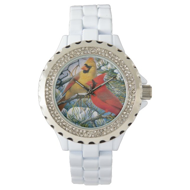 Red Cardinal Birds Winter Snow Chic Cute Watch (Front)