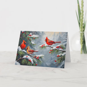 Red Cardinal Birds with Wild Forest Berries  Holiday Card