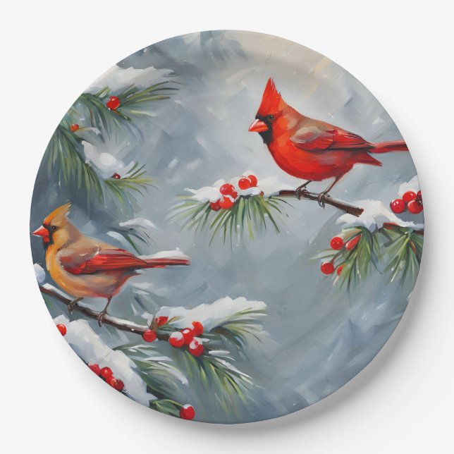 Red Cardinal Birds with Wild Forest Berries  Paper Plate (Front)