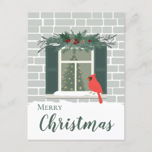 Red cardinal by the window merry christmas postcard