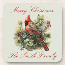 Red Cardinal Christmas Hard plastic coaster