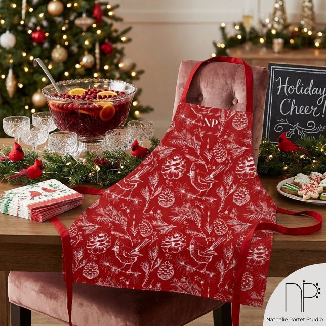 Red Cardinal Christmas Personalized Apron (This Cardinal Christmas Apron features hand-drawn art, perfect for festive holiday home bakers.)