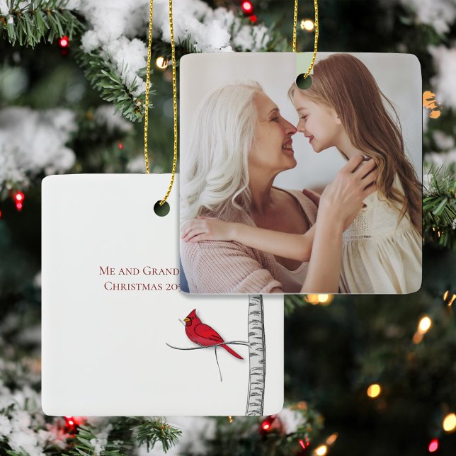 Red Cardinal Christmas Photo Custom Ceramic Ornament (Holiday Red Cardinal Custom Photo Ornament.)