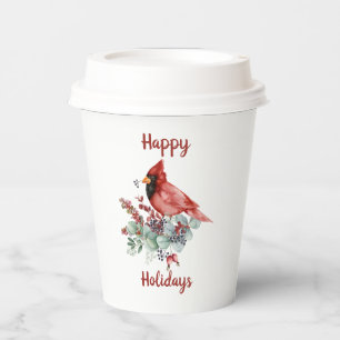 Red Cardinal, Eucalyptus, Red Berries Christmas Paper Cups