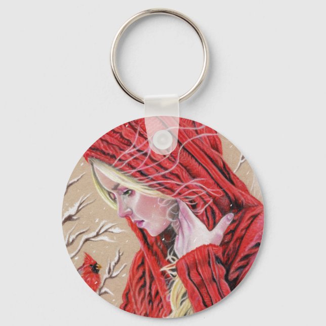 Red Cardinal Girl Christmas Holiday keychain (Front)