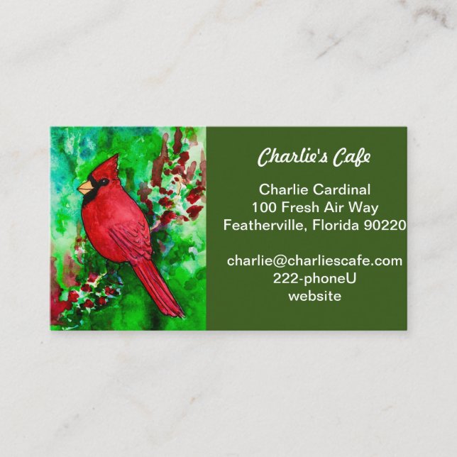 Red Cardinal Green Forest Watercolor Business Card (Front)