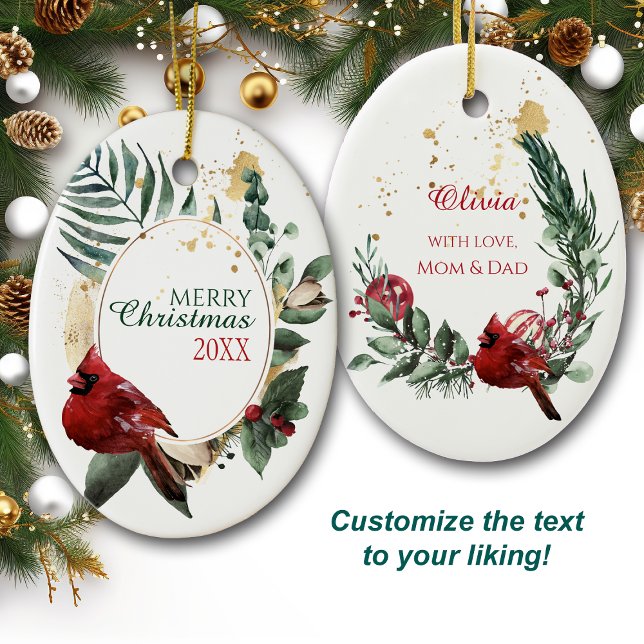 Red Cardinal Green Leaf Wreath Holiday Ceramic Ornament (Creator Uploaded)