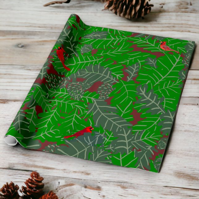 Red Cardinal Green Leafs Brown Pine Cones Acorns Wrapping Paper (Rustic Woodland All Occasion Gift Wrap)