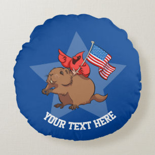 Red Cardinal & Groundhog USA Flag Cartoon And Text Round Pillow