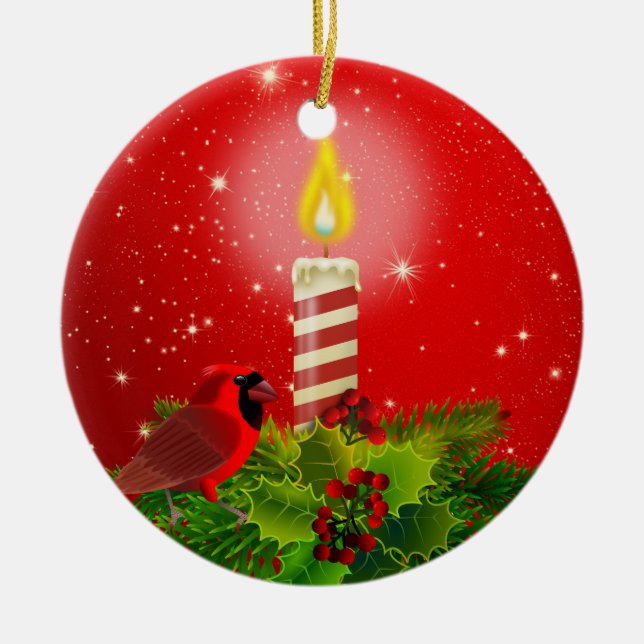 Red Cardinal, Holly and Candle Ceramic Ornament (Front)