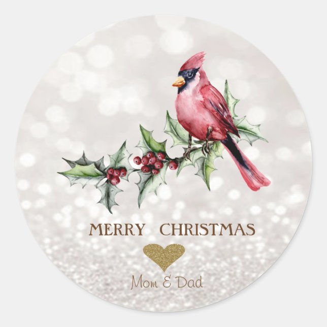 Red Cardinal Holly Berry Bokeh Classic Round Sticker (Front)