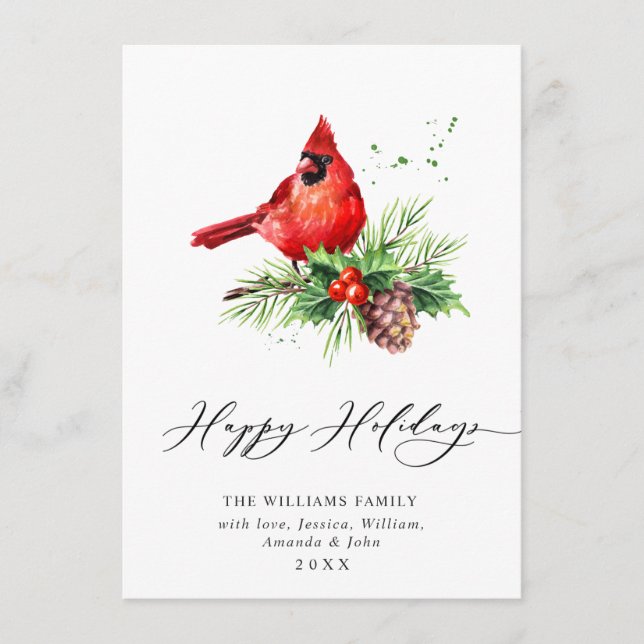 Red Cardinal Holly Berry Christmas Greeting Holiday Card (Front)
