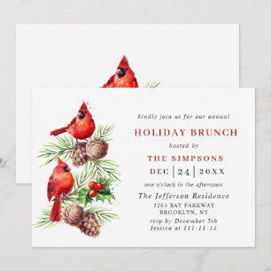 Red Cardinal Holly Berry Christmas HOLIDAY BRUNCH Invitation