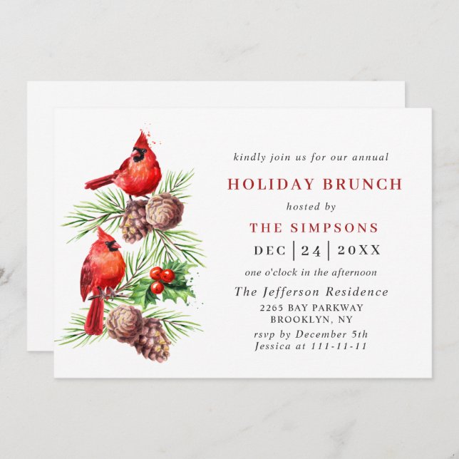 Red Cardinal Holly Berry Christmas HOLIDAY BRUNCH Invitation (Front/Back)