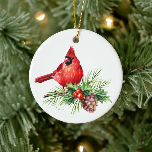 Red Cardinal Holly Berry Christmas Holiday Ceramic Ornament (Tree)