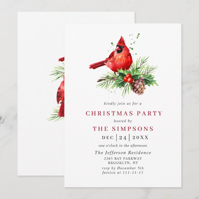 Red Cardinal Holly Berry Christmas Holiday Party Invitation (Front/Back)