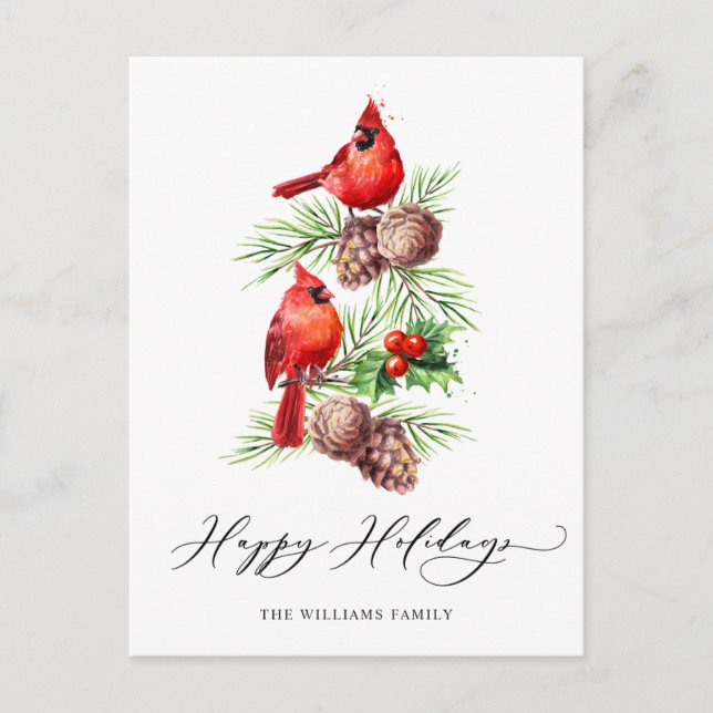 Red Cardinal Holly Berry Christmas Holiday Postcard (Front)