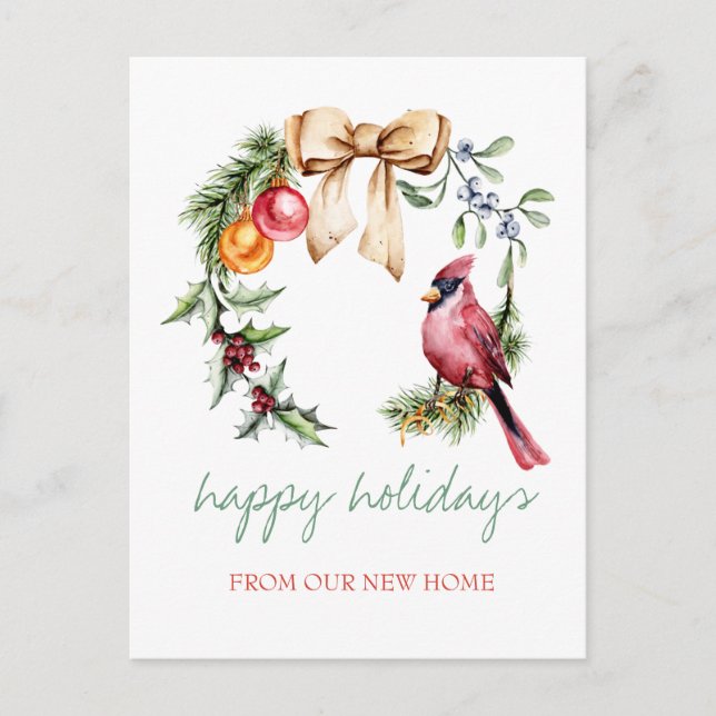 Red Cardinal Holly Berry Holiday Announcement Postcard (Front)