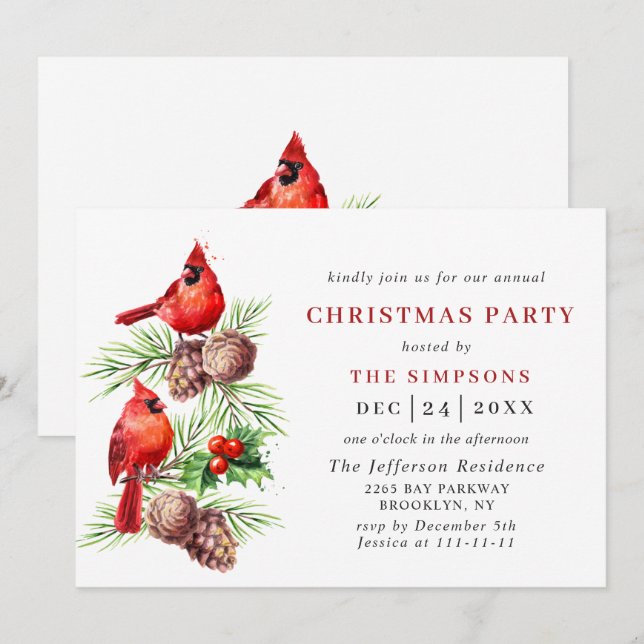 Red Cardinal Holly Berry Holiday CHRISTMAS PARTY Invitation (Front/Back)