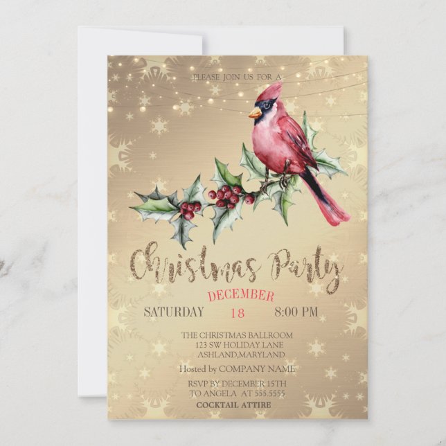 Red Cardinal Holly Berry Stars Gold Christmas  Invitation (Front)