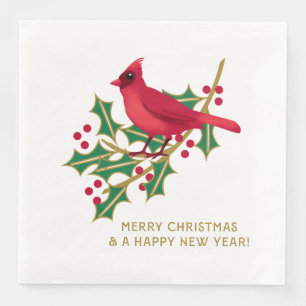Red Cardinal Holly Branch Merry Christmas Napkin