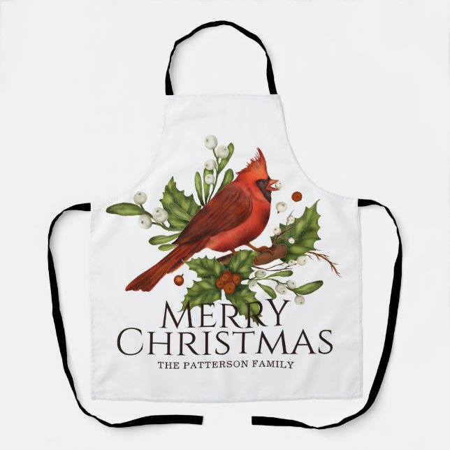Red Cardinal Holly Christmas Custom Name Gift Apron (Front)