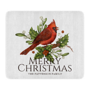 Red Cardinal Holly Christmas Custom Name Gift Cutting Board