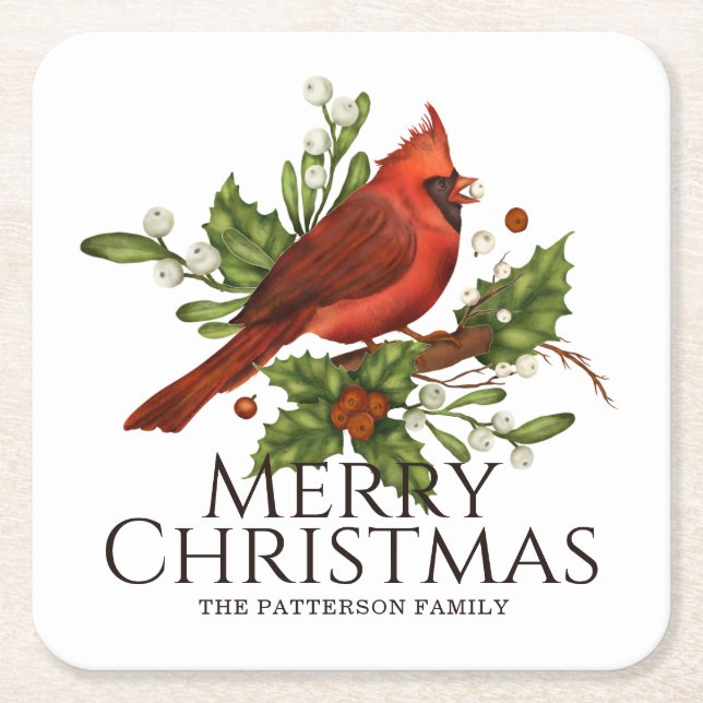 Red Cardinal Holly Christmas Name Gift Square Paper Coaster (Front)