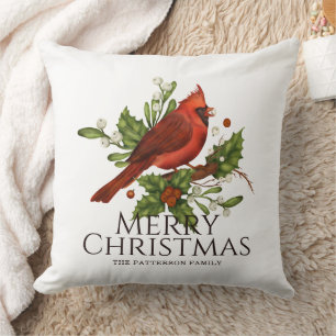Red Cardinal Holly Christmas Name Gift Throw Pillow