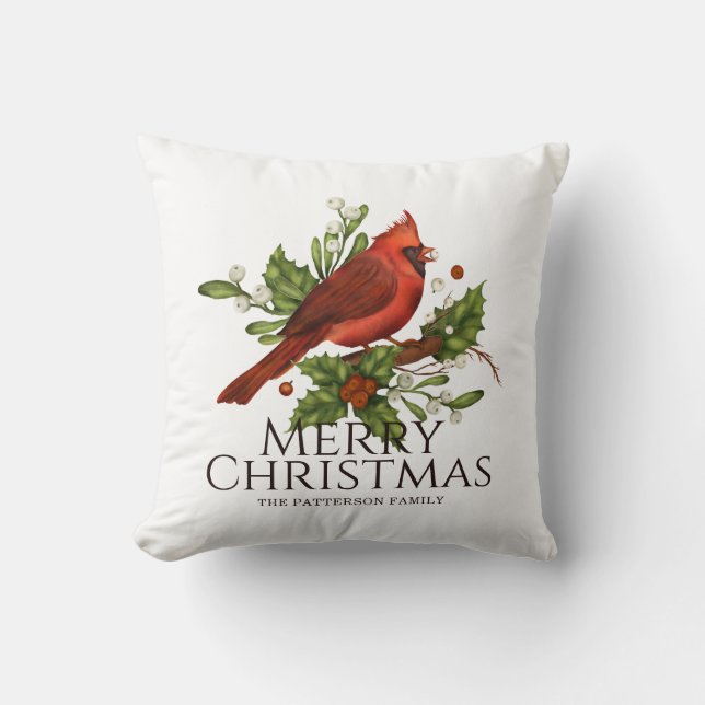Red Cardinal Holly Christmas Name Gift Throw Pillow (Front)