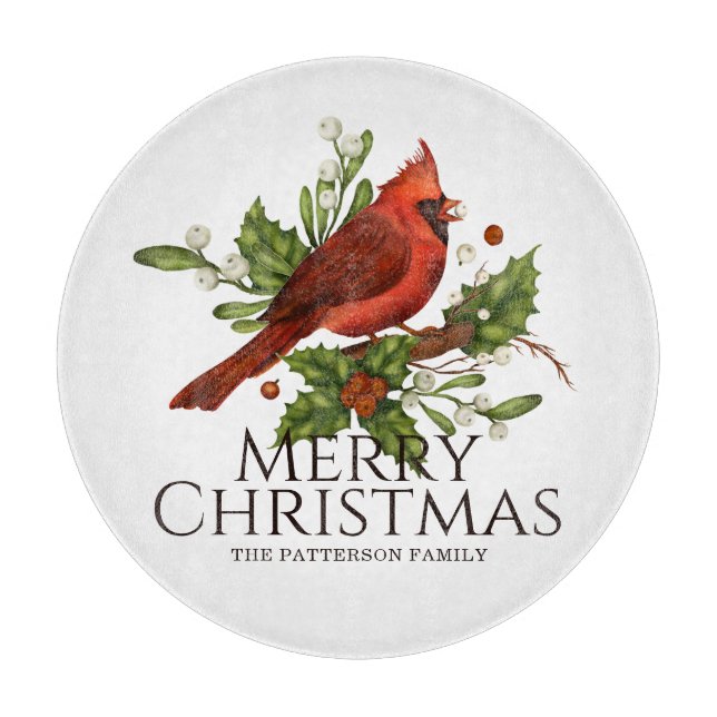 Red Cardinal Holly Holiday Kitchen Gift Cutting Board (Front)