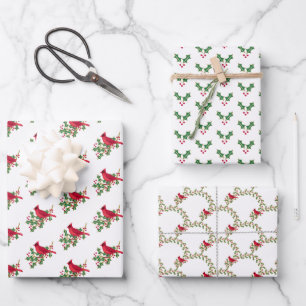 Red Cardinal Holly Leaves and Berries Christmas  Wrapping Paper Sheet