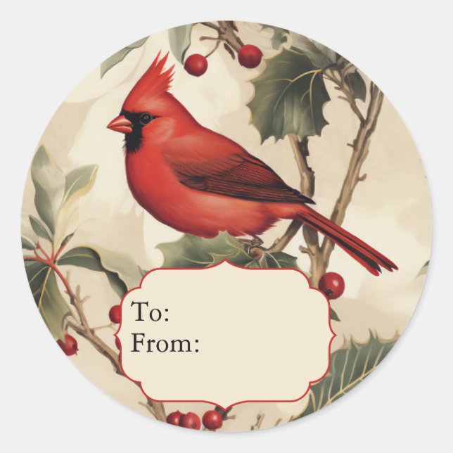 Red Cardinal & Holly Personalized To and From Classic Round Sticker (Front)