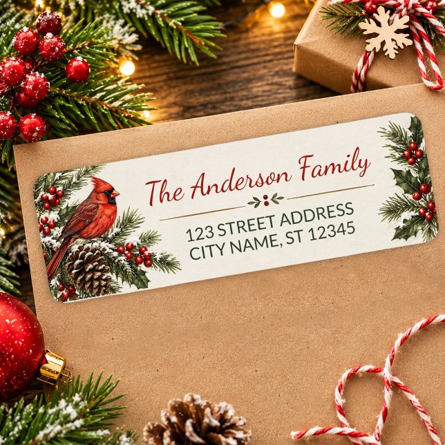  Red Cardinal Holly & Pinecones Return Address     (Creator Uploaded)