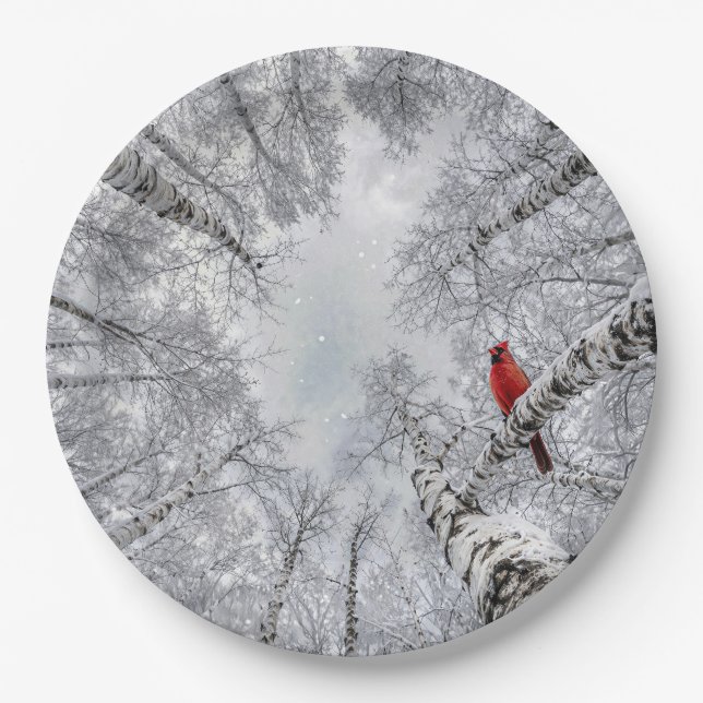 Red Cardinal In a Winter White Birch Forest Paper Plate (Front)