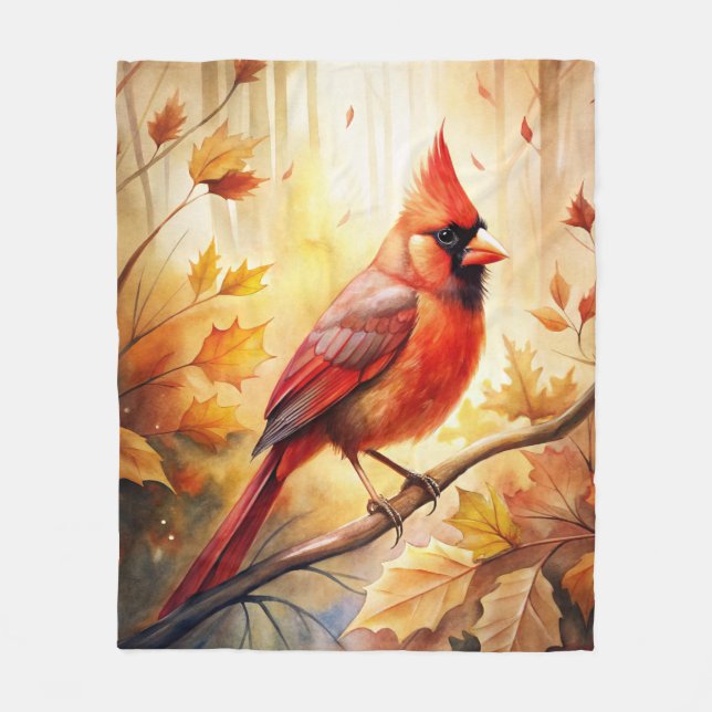 Red Cardinal in Autumn Fall Fleece Blanket (Front)