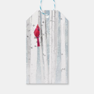 Red Cardinal in beautiful snowy Birch Tree Forest Gift Tags