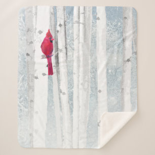 Red Cardinal in beautiful snowy Birch Tree Forest Sherpa Blanket