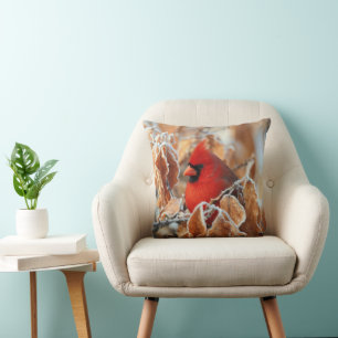 Red Cardinal in Frosty Autumn Leaves Throw Pillow