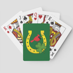 Red Cardinal in Golden Horseshoe with Shamrock Playing Cards
