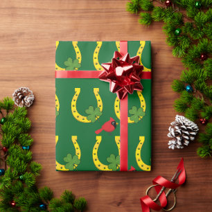 Red Cardinal in Golden Horseshoe with Shamrock Wrapping Paper