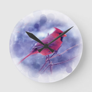 Red Cardinal in the Blizzard Round Clock