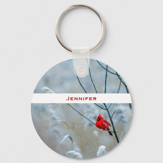 Red Cardinal in Winter Nature Photo Christmas Keychain (Front)