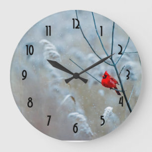 Red Cardinal in Winter Nature Photo Christmas Large Clock
