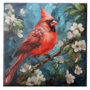 Red Cardinal Inspired Bird with White Blossoms Tile