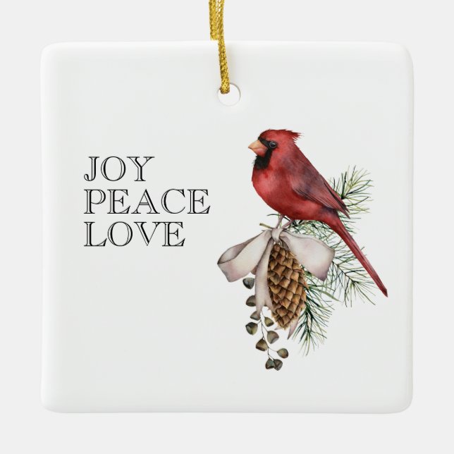 Red Cardinal, JOY PEACE LOVE Editable Christmas    Ceramic Ornament (Front)
